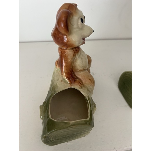 American Bisque Bear On Log Planter Set Of 2 1950s Vintage Whimsical - Picture 7 of 11